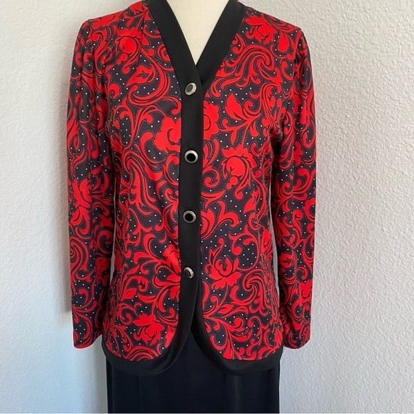 Blair 2 Piece Jacket Skirt Black Red Silver Floral Abstract Career Evening SZ 6P - Picture 3 of 12
